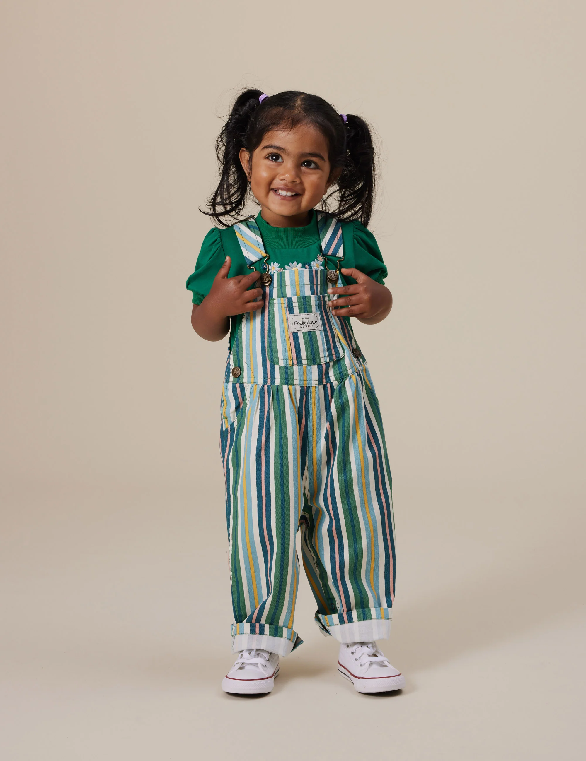 Goldie + Ace Austin Evergreen Stripe Denim Overalls - Image 3