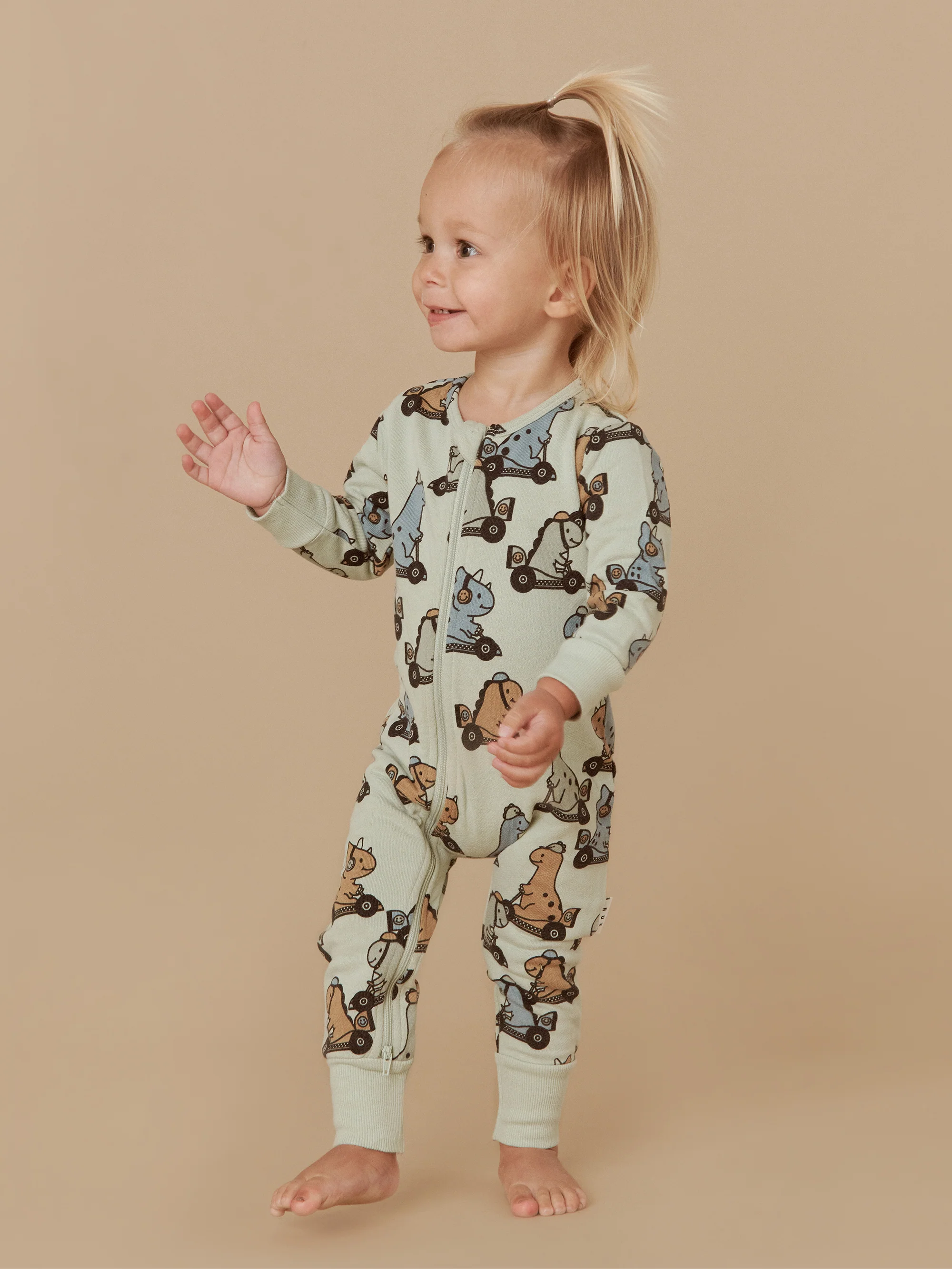 Huxbaby Dino Racer Zip Romper - Thyme - Image 2