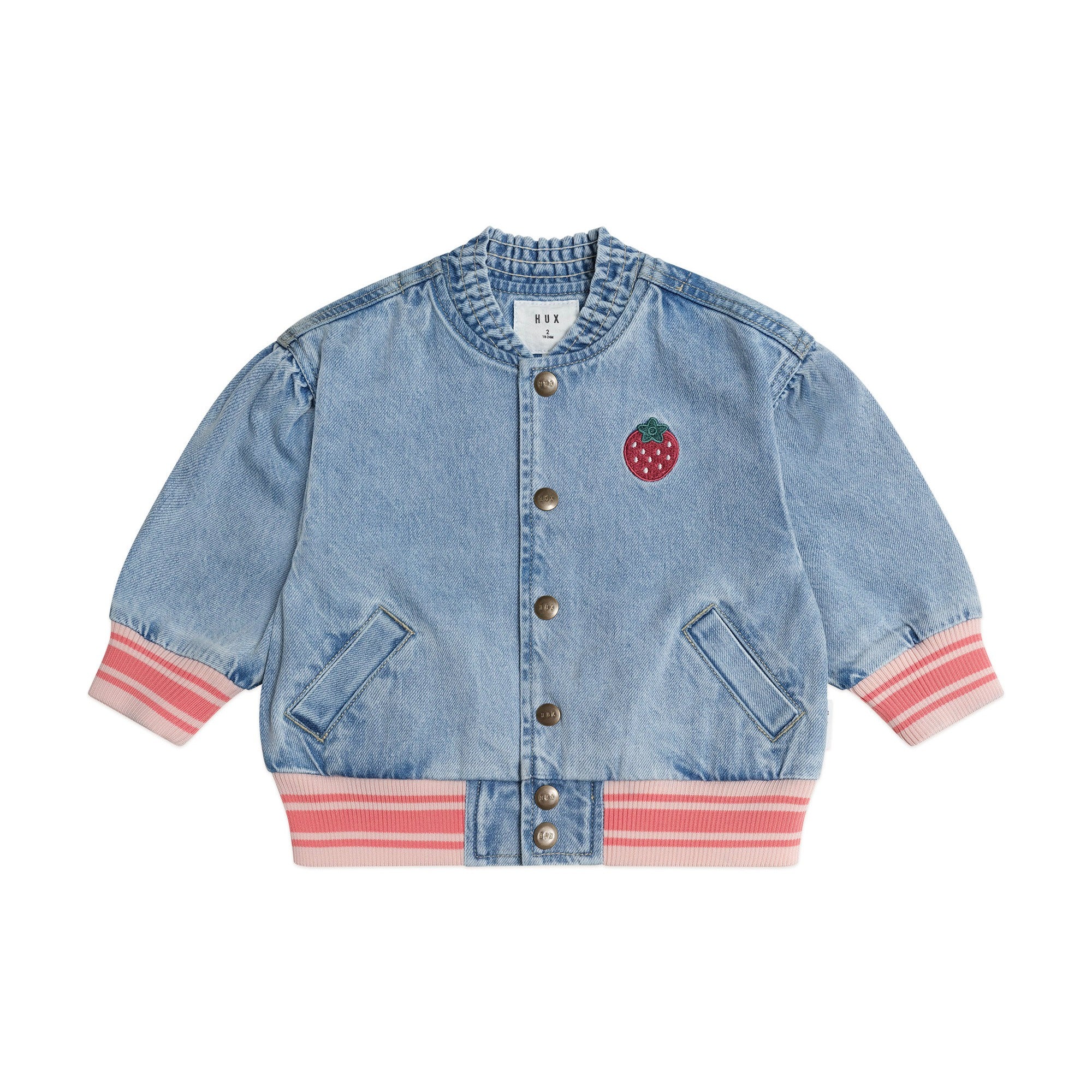 Dreamy Denim Strawberry Bomber