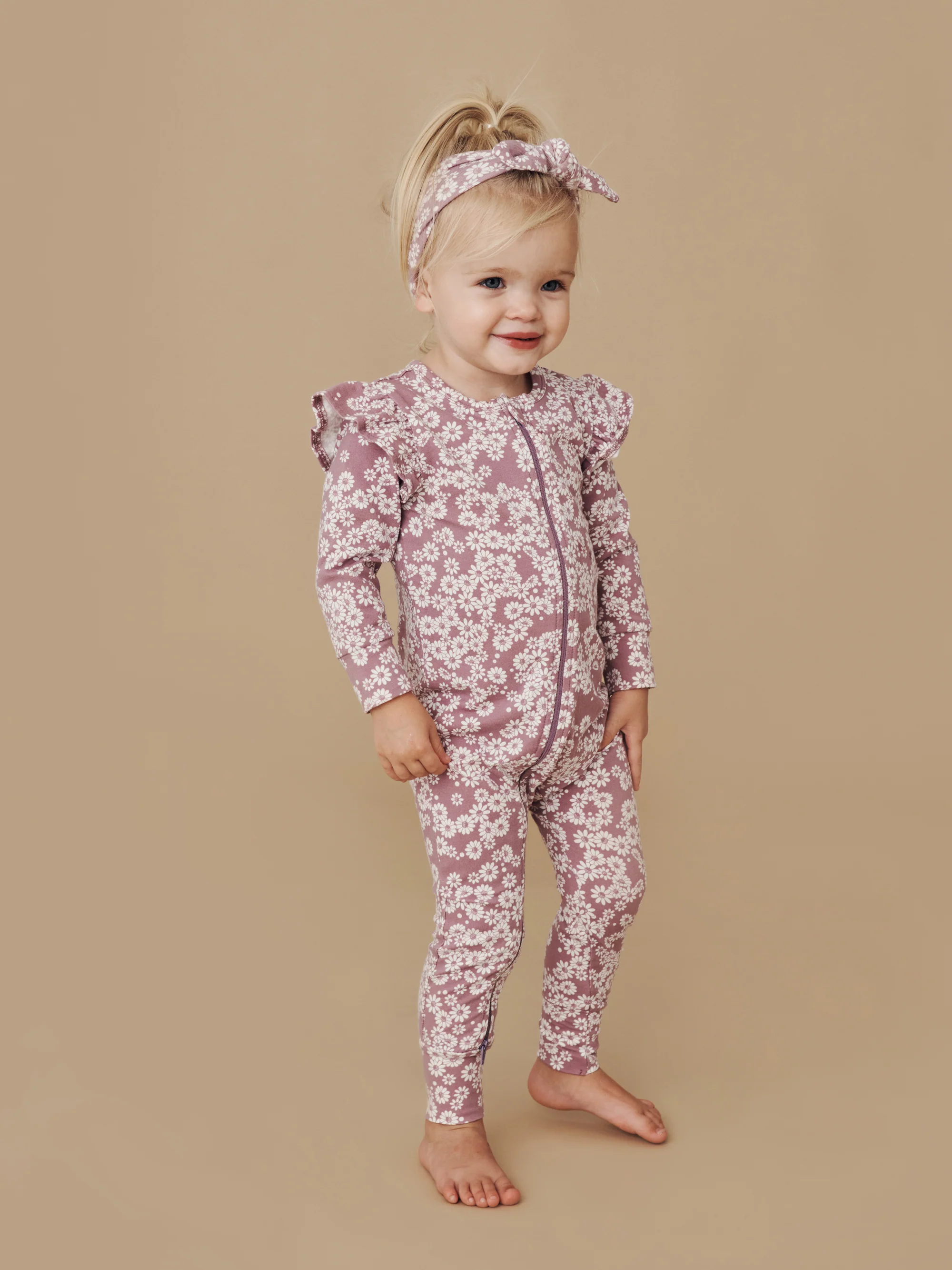 Huxbaby Frill Zip Romper - Grape Daisy Print - Image 2