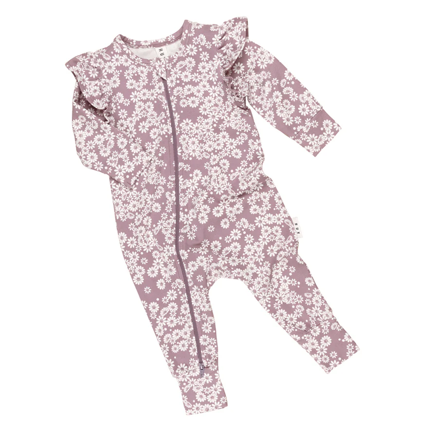 Huxbaby Frill Zip Romper - Grape Daisy Print - Image 4