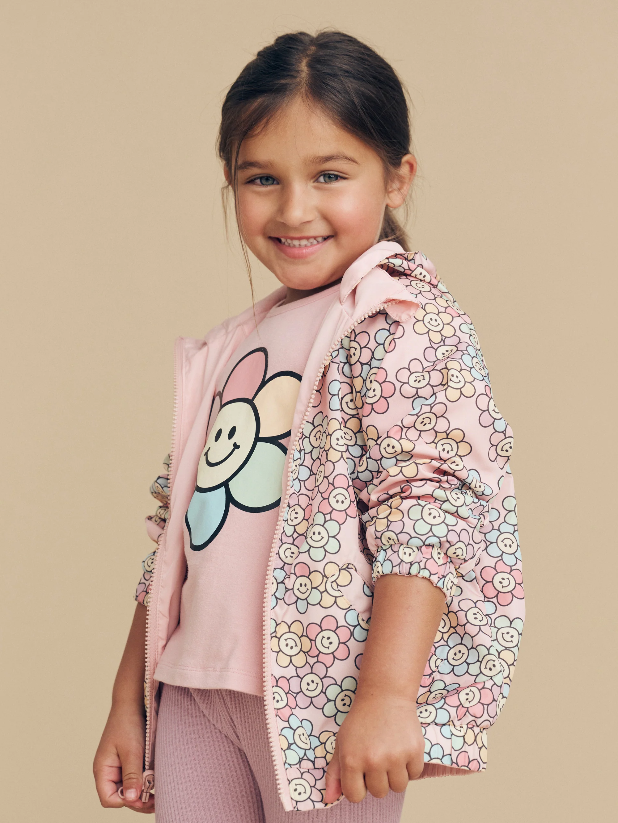 Rainbow Daisy Reversible Rain Jacket - Multi + Rose Petal - Image 2