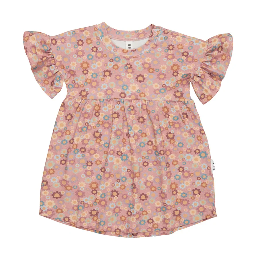 Huxbaby Rainbow Flower Bear Frill Swirl Dress - Dusty Rose