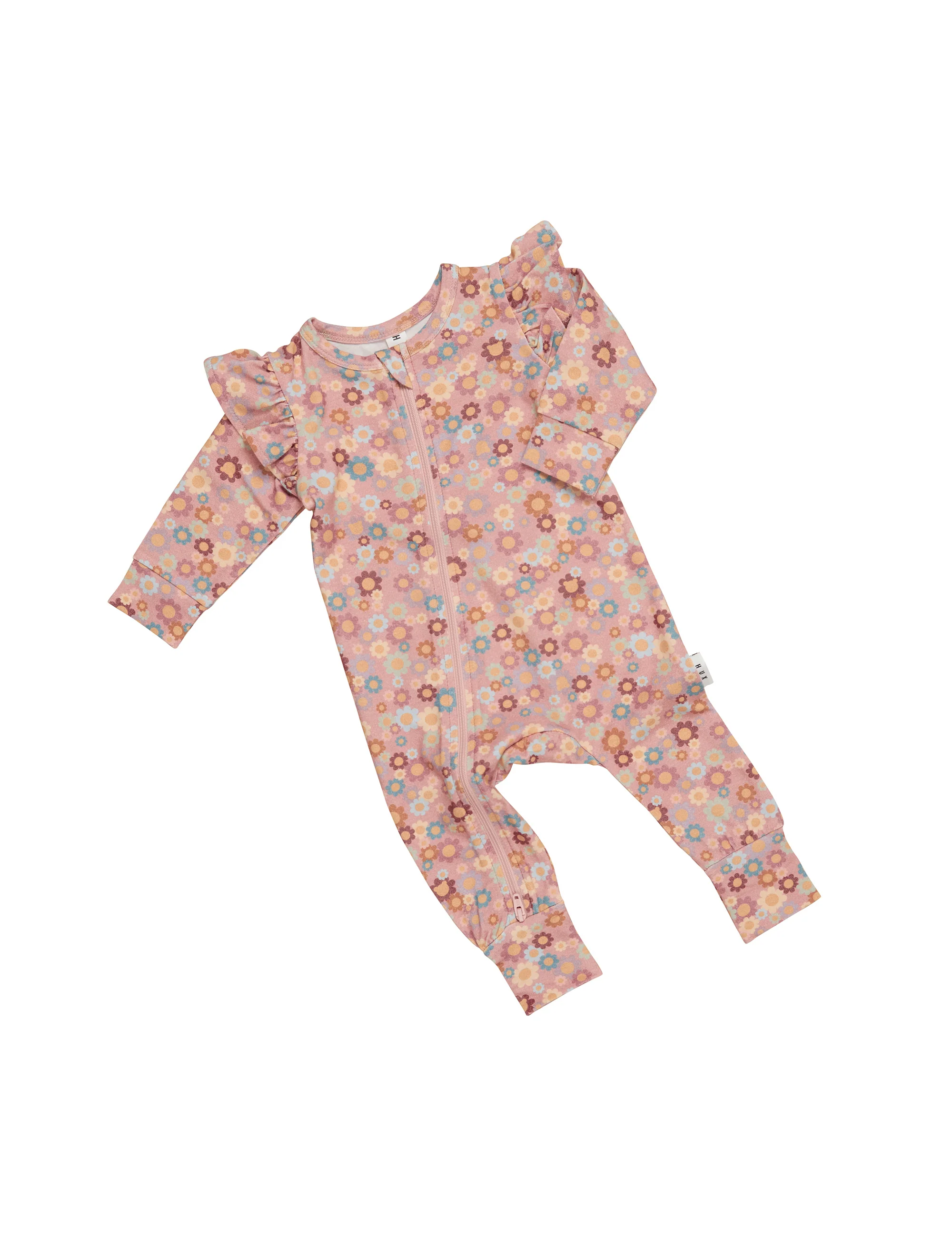 Huxbaby Rainbow Flower Bear Zip Romper - Dusty Rose - Image 4