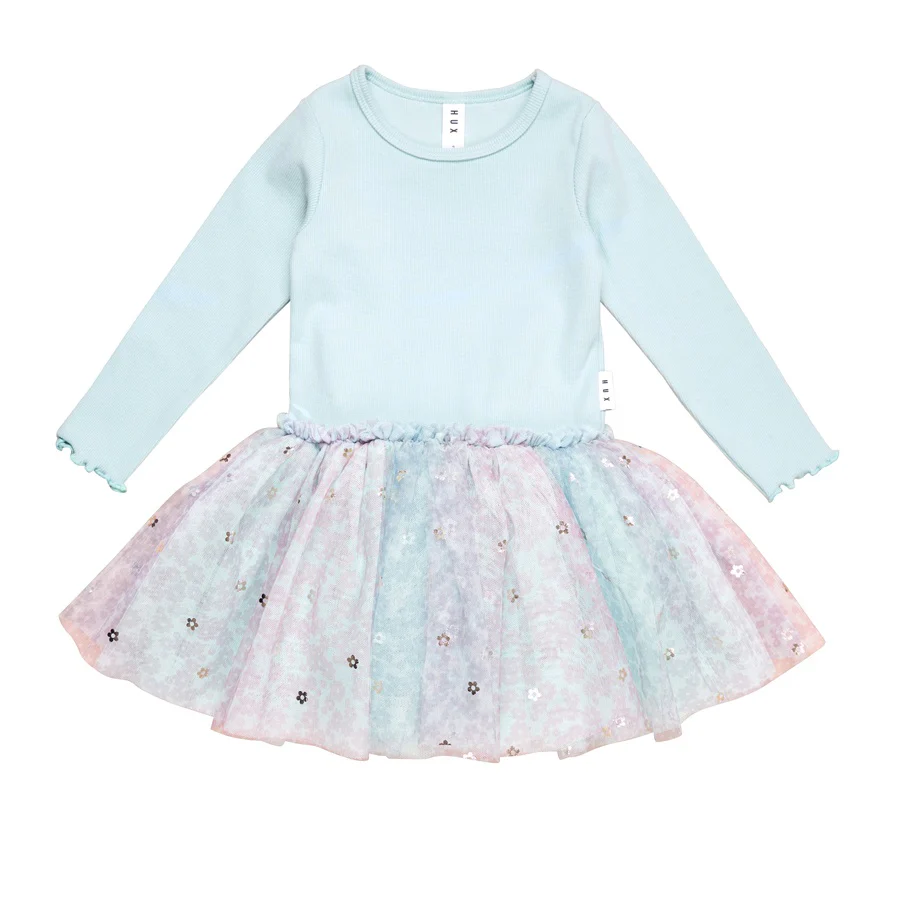 Huxbaby Rainbow Flower Rib Long Sleeve Ballet Dress - Sky
