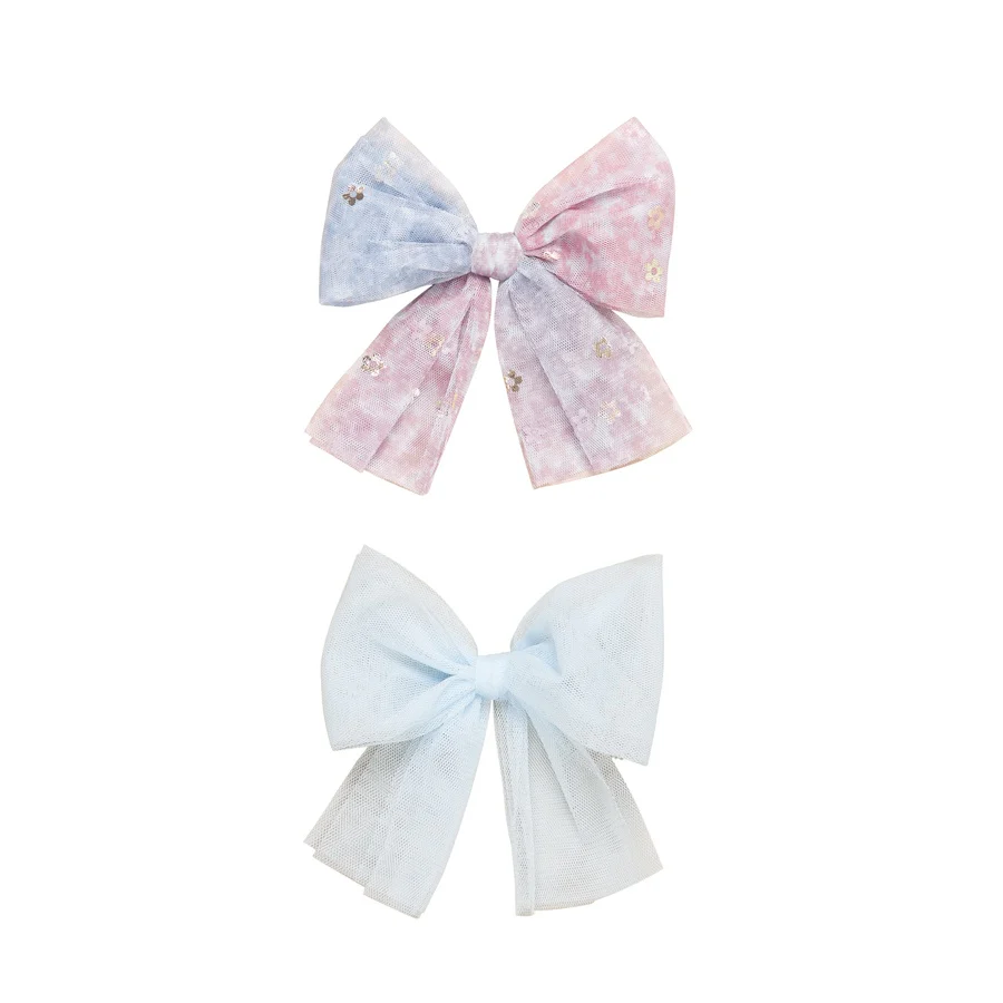 Huxbaby Rainbow Flower Tulle 2Pk Hair Bow - Multi + Sky