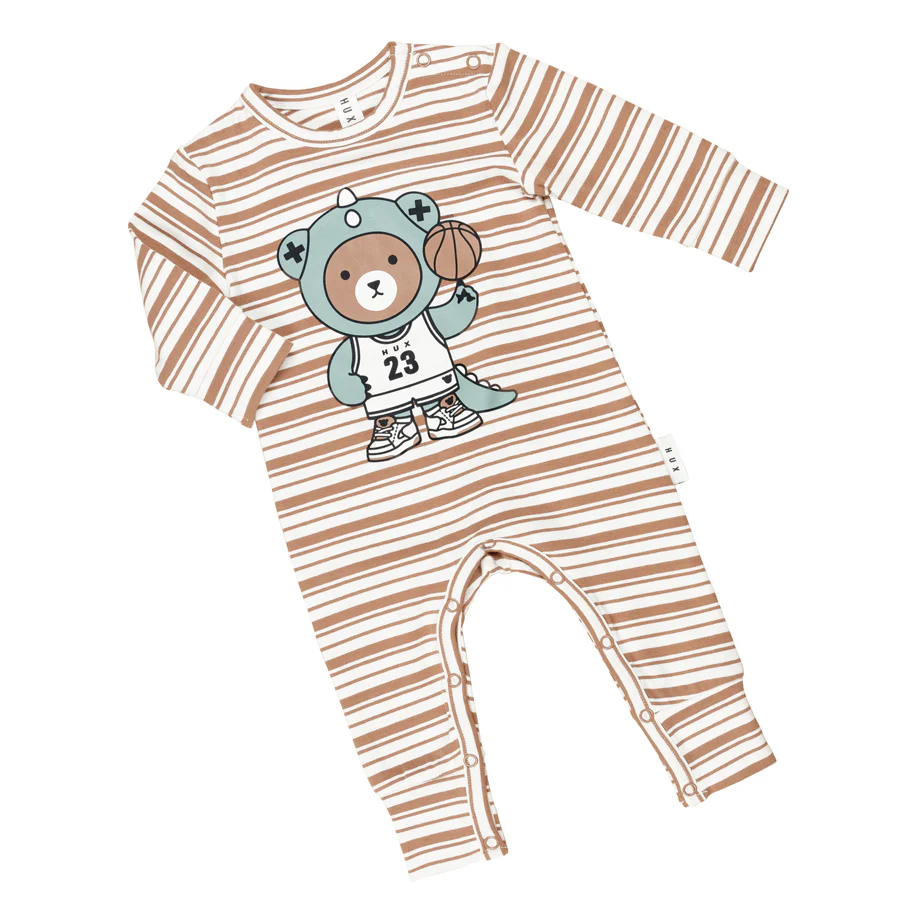Huxbaby Romper B-Ball Dino Bear - Clay Stripe - Image 4