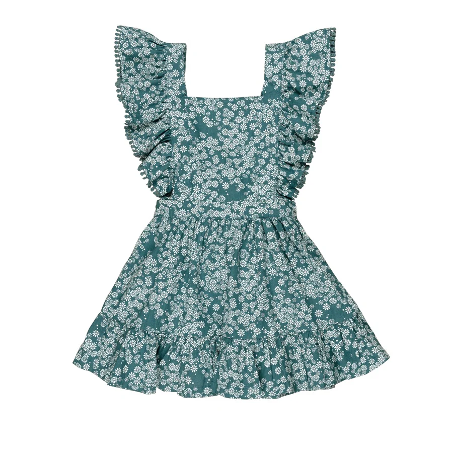 Huxbaby Ruffle Pinafore - Teal Daisy Print