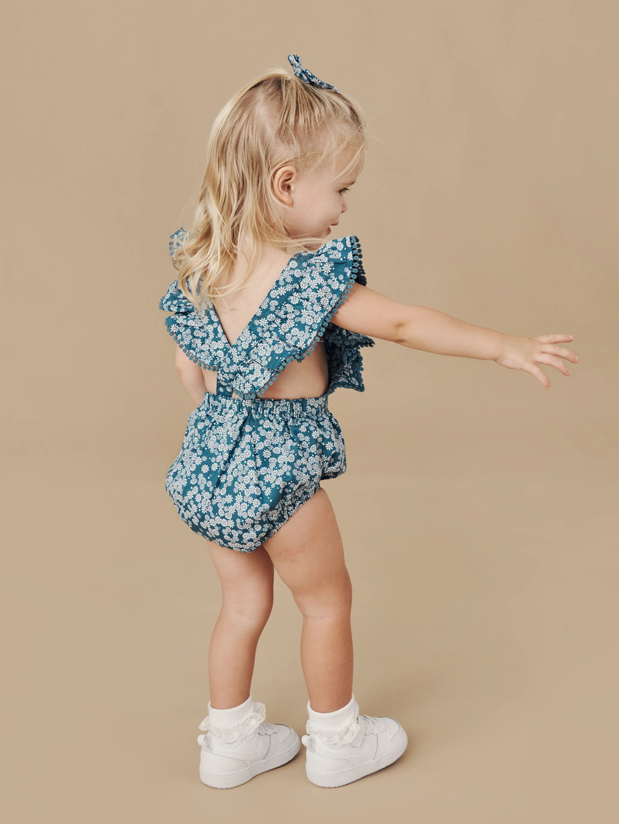 Huxbaby Ruffle Playsuit - Teal Daisy Print - Image 2