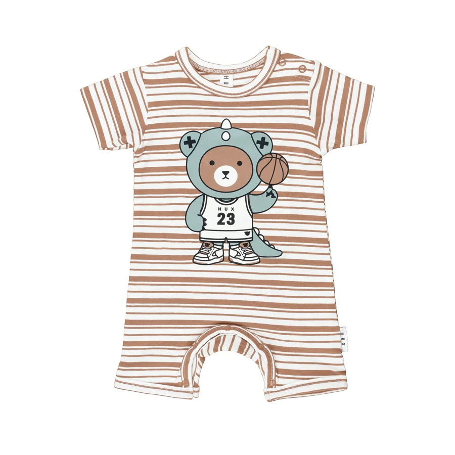 Huxbaby Short Romper B-Ball Dino Bear - Clay Stripe