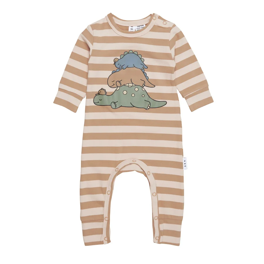 Huxbaby Sleeping Dinos Stripe Romper - Biscuit + Wheat