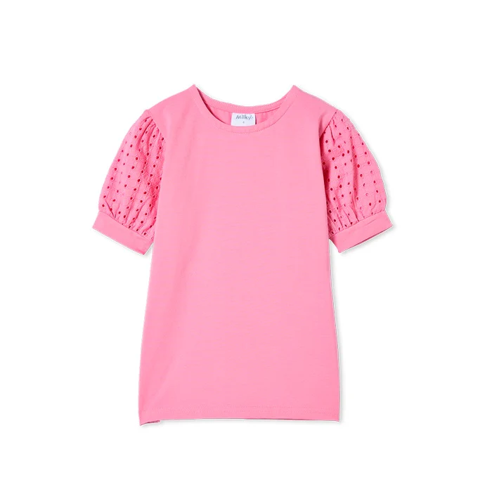 Milky Pink Broderie Sleeve Tee - Begonia
