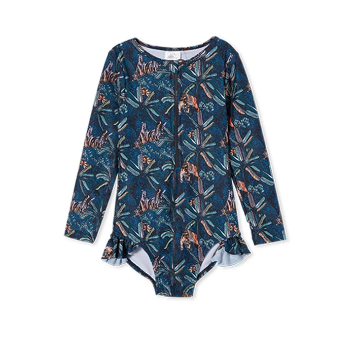 Milky Tiger Palm Frill Long Sleeve Swimsuit - Hunter Green