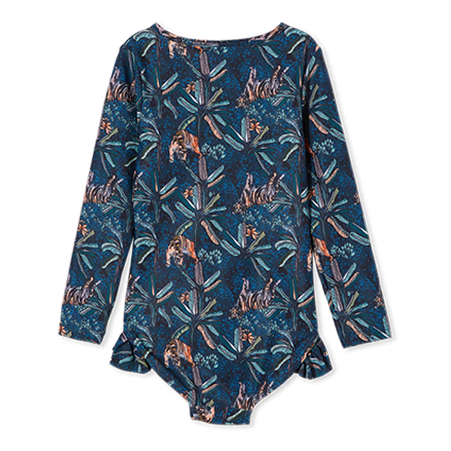 Milky Tiger Palm Frill Long Sleeve Swimsuit - Hunter Green - Image 2