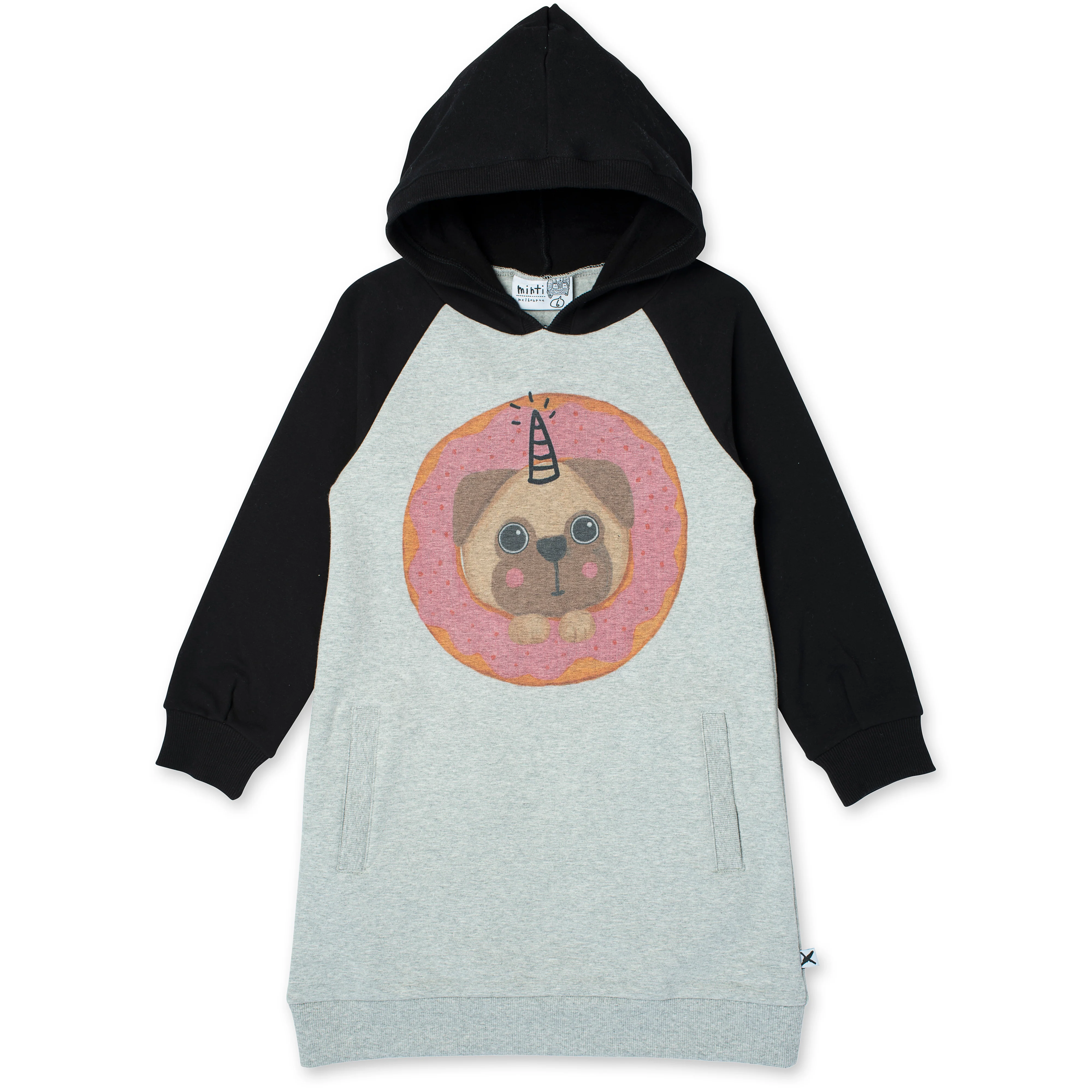 Minti Donut Pug Furry Hoodie Dress - Grey Marle/Black