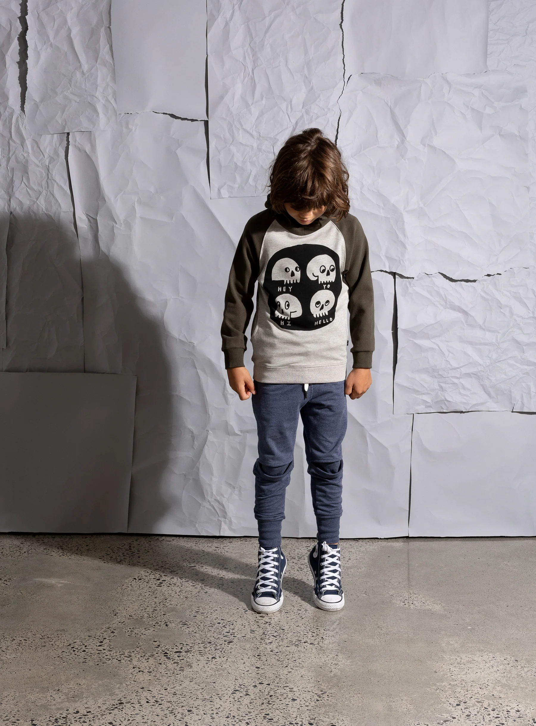 Minti Friendly Skulls Hood - Grey Marle/Khaki - Image 3