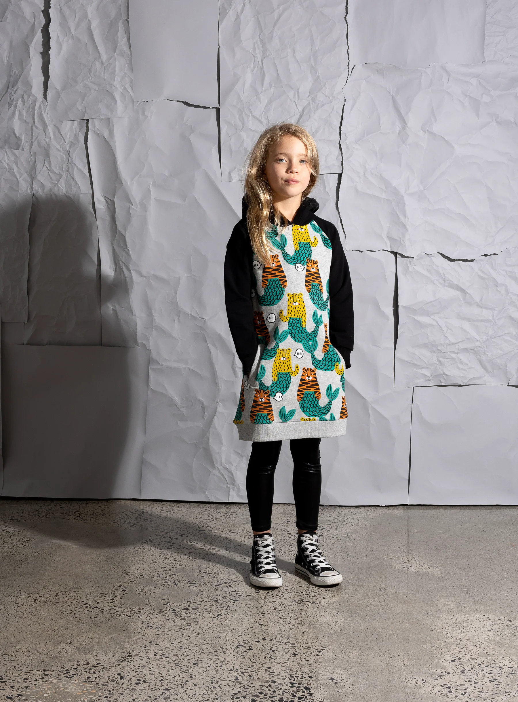 Minti Mer-Cats Furry Hoodie Dress - Grey Marle/Black - Image 2