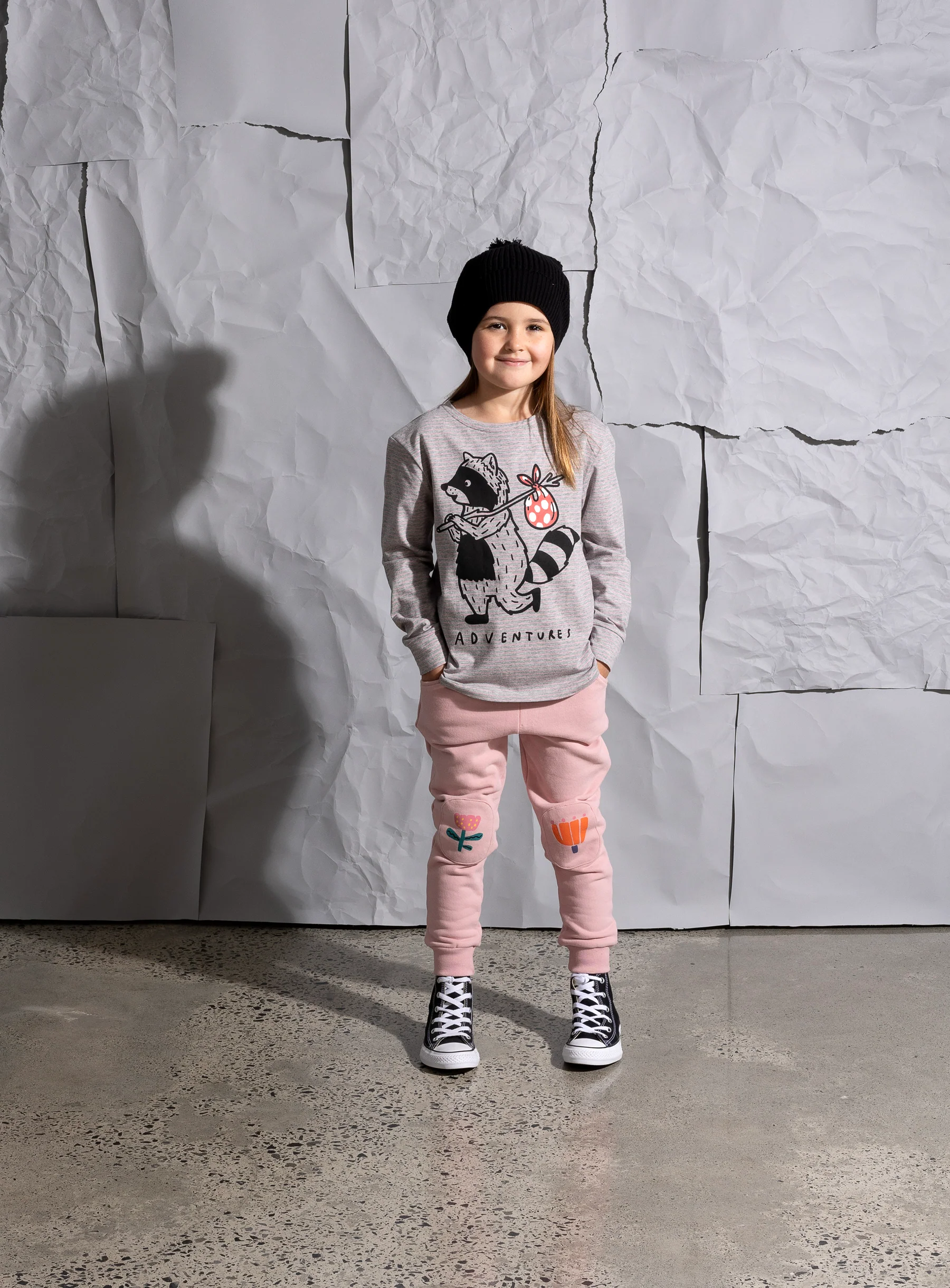 Minti Wandering Raccoon Tee - Grey/Pink Stripe - Image 3