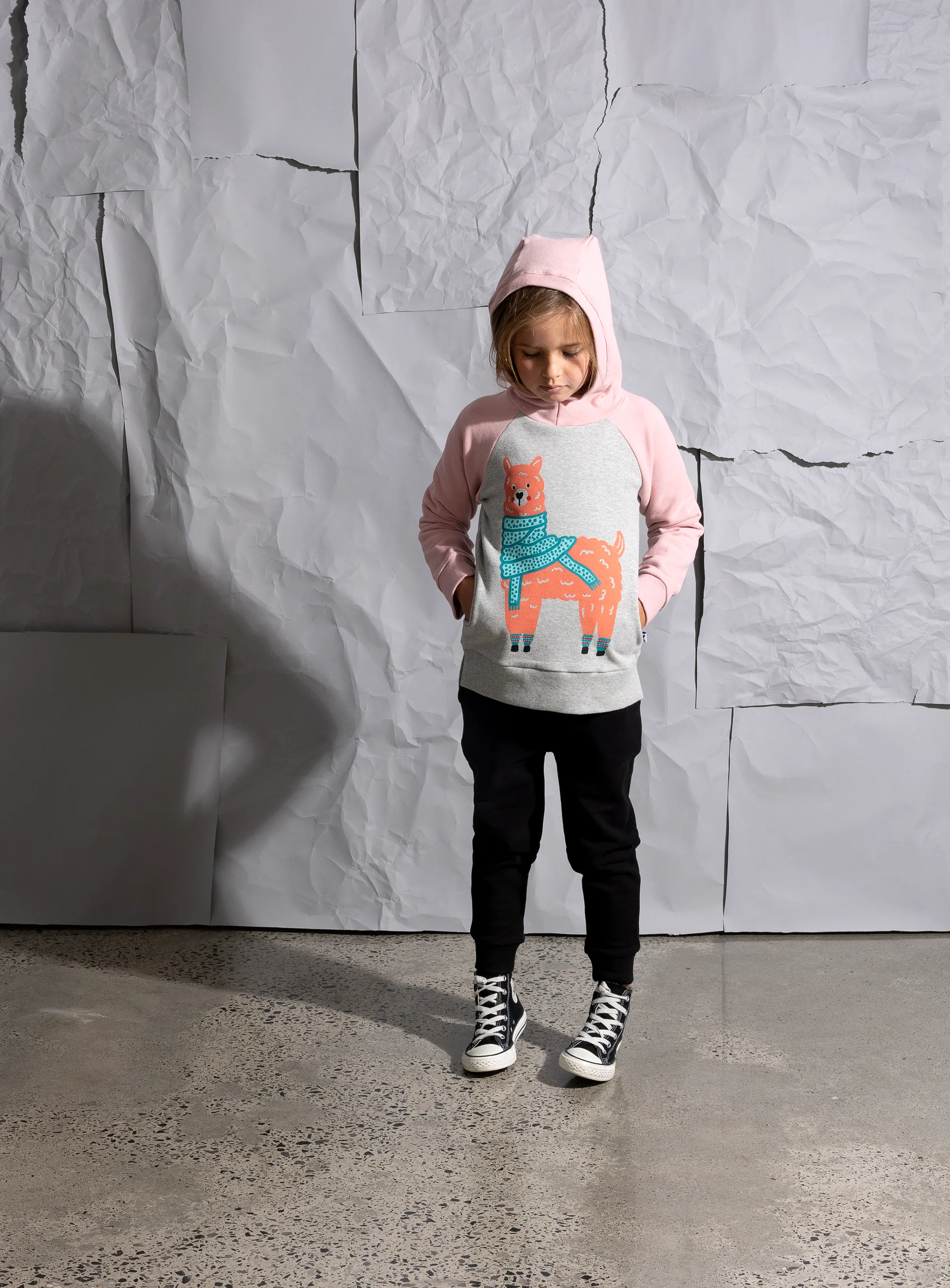 Minti Warm Llama Furry Hood - Grey Marle/Muted Pink - Image 2