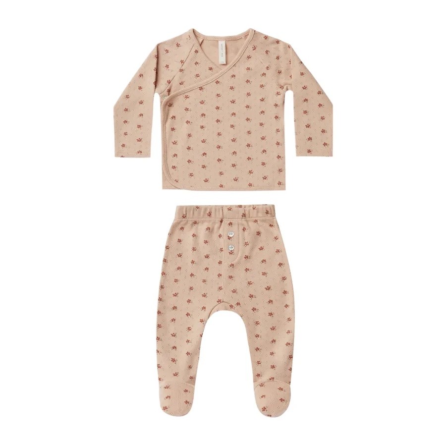 Quincy Mae Pointelle Wrap Top + Footed Pant Set - Blush