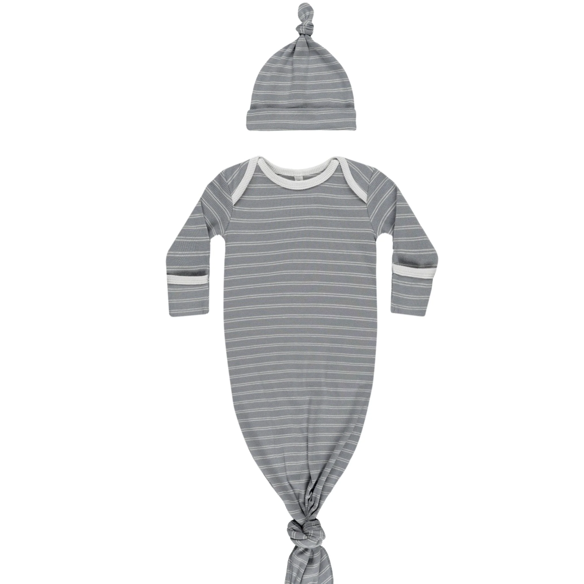Knotted Baby Gown + Hat Set - Blue Pinstripe