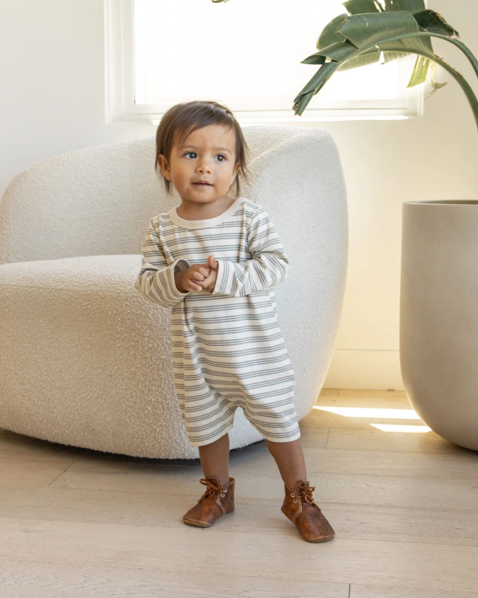 Quincy Mae Long Sleeve Romper - Basil Stripe - Image 2