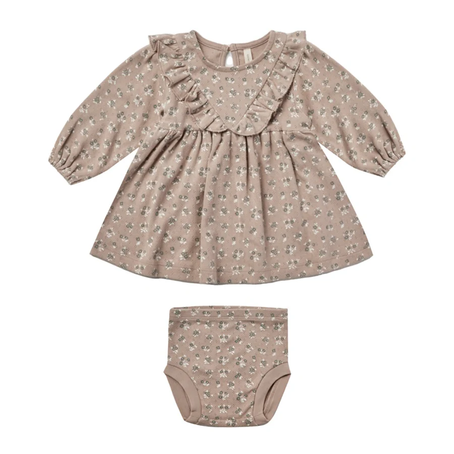 Quincy Mae Long Sleeve Ruffle V Dress - Truffle Floral