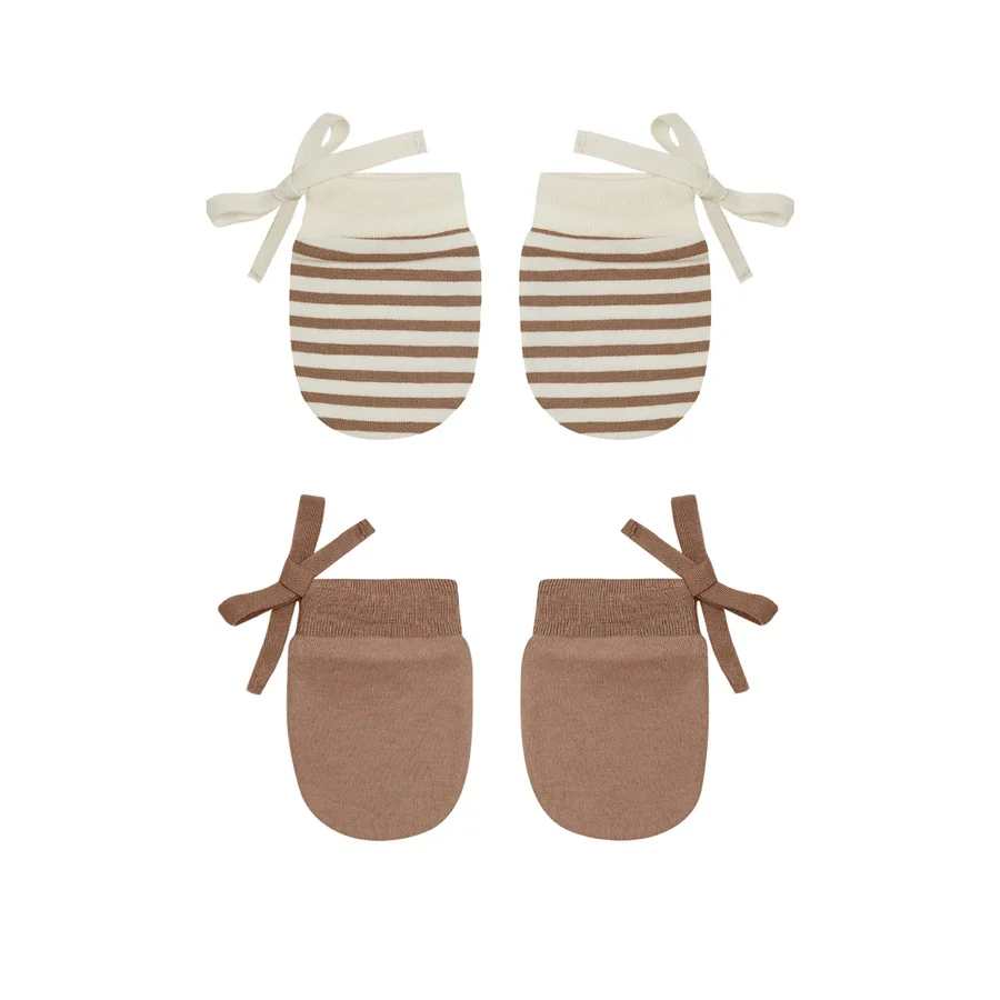 Quincy Mae No Scratch Mittens Set - Cocoa Stripe - Ivory