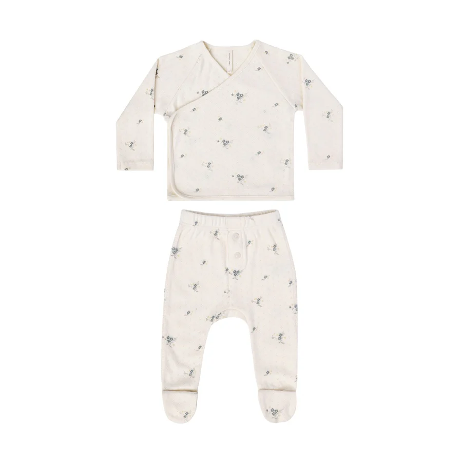 Quincy Mae Pointelle Wrap Top + Footed Pant Set | Ditsy Ocean