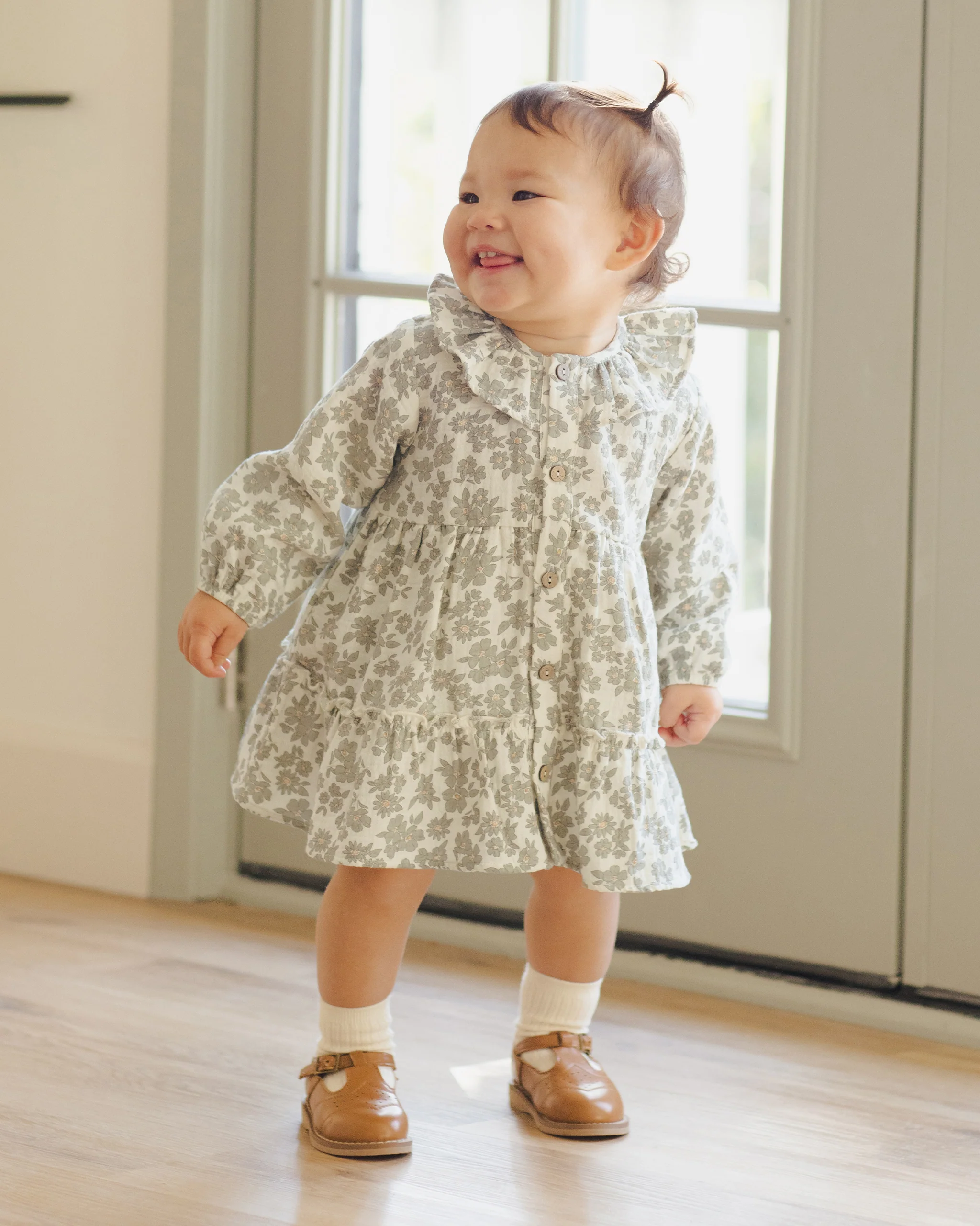 Ruffle Collar Button Dress - Green Floral - Image 2