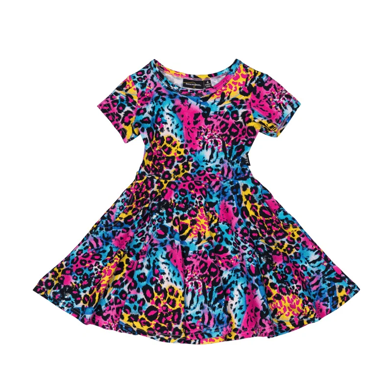 Rock Your Baby Blue Miami Leopard Short Sleeve Waisted Dress
