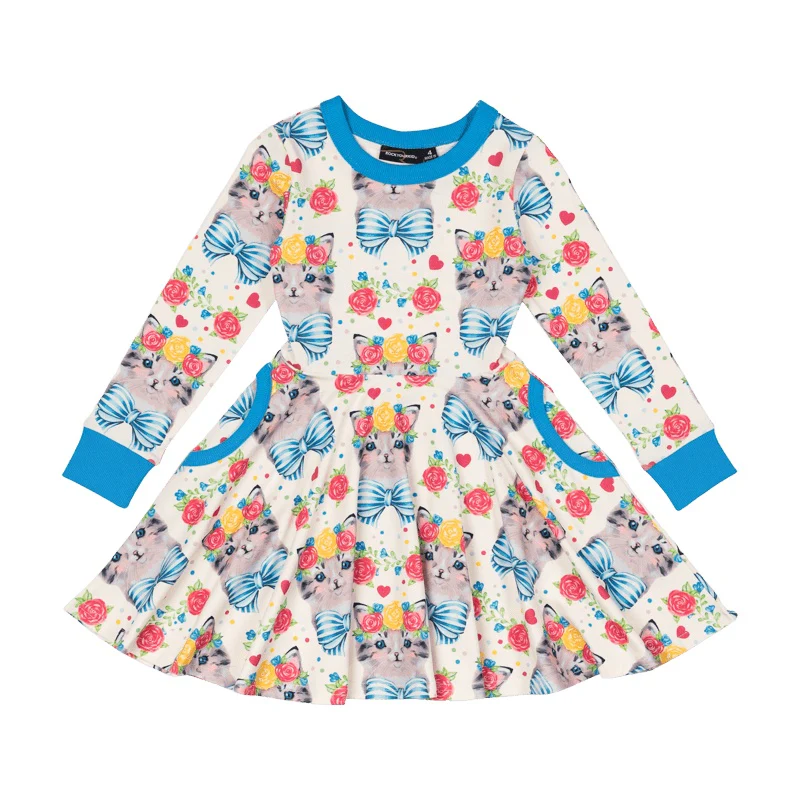 Rock Your Baby Kitty Cats Long Sleeve Waisted Dress