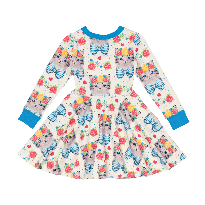 Rock Your Baby Kitty Cats Long Sleeve Waisted Dress - Image 3