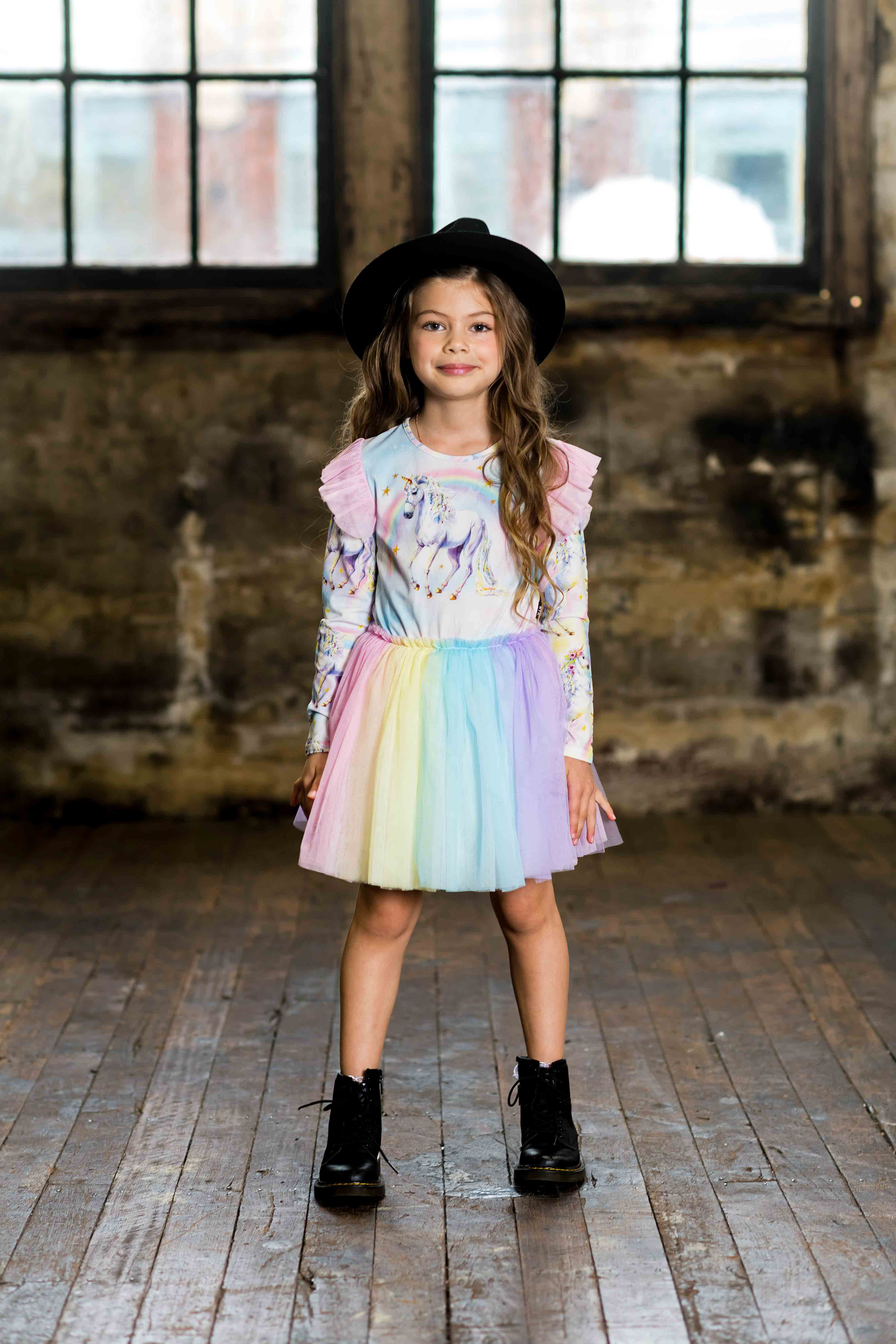 Rock Your Baby Sorbet Unicorn Long Sleeve Circus Dress With Shoulder Frills - Image 2