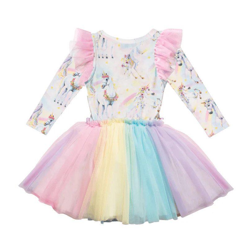 Rock Your Baby Sorbet Unicorn Long Sleeve Circus Dress With Shoulder Frills - Image 3
