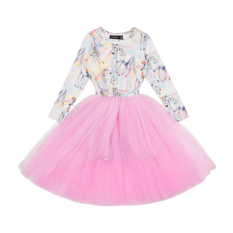 Rock Your Baby Sorbet Unicorn Long Sleeve Flounce Dress