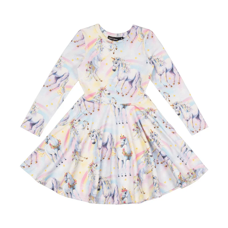 Rock Your Baby Sorbet Unicorn Long Sleeve Waisted Dress