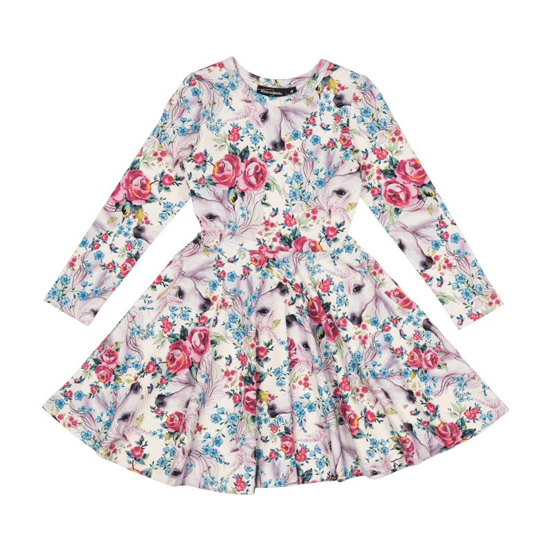 Rock Your Baby Unicorn Lullaby Long Sleeve Waisted Dress