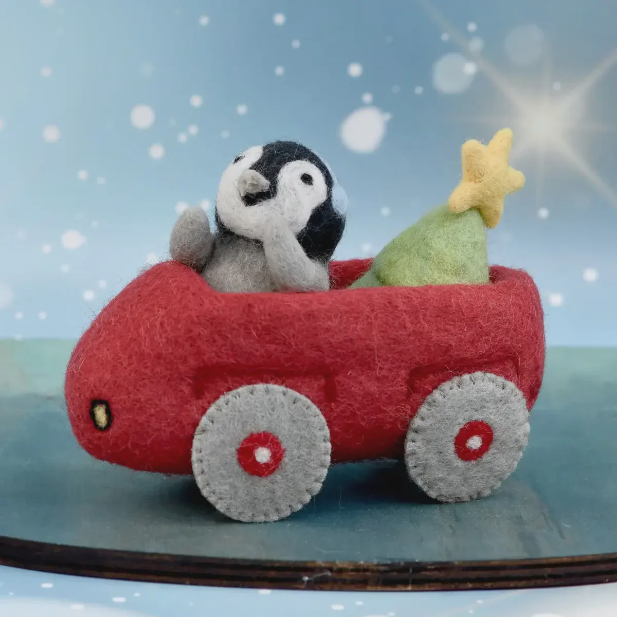 Felt Penguin in Toy Car and Christmas Tree