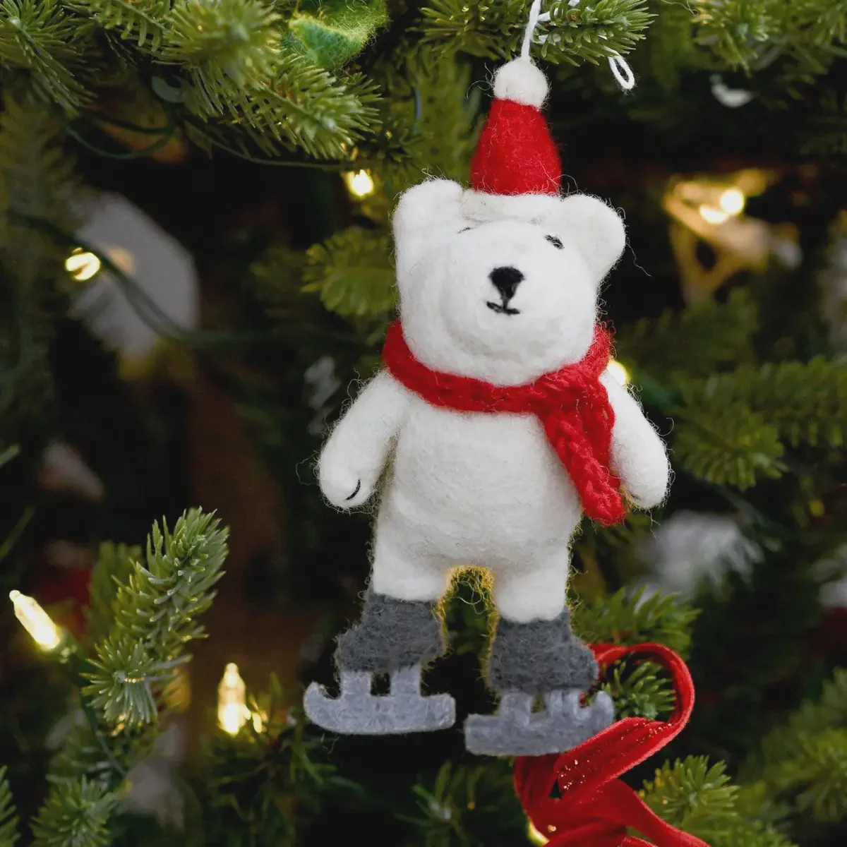 Felt Polar Bear with Ice Skates Ornament
