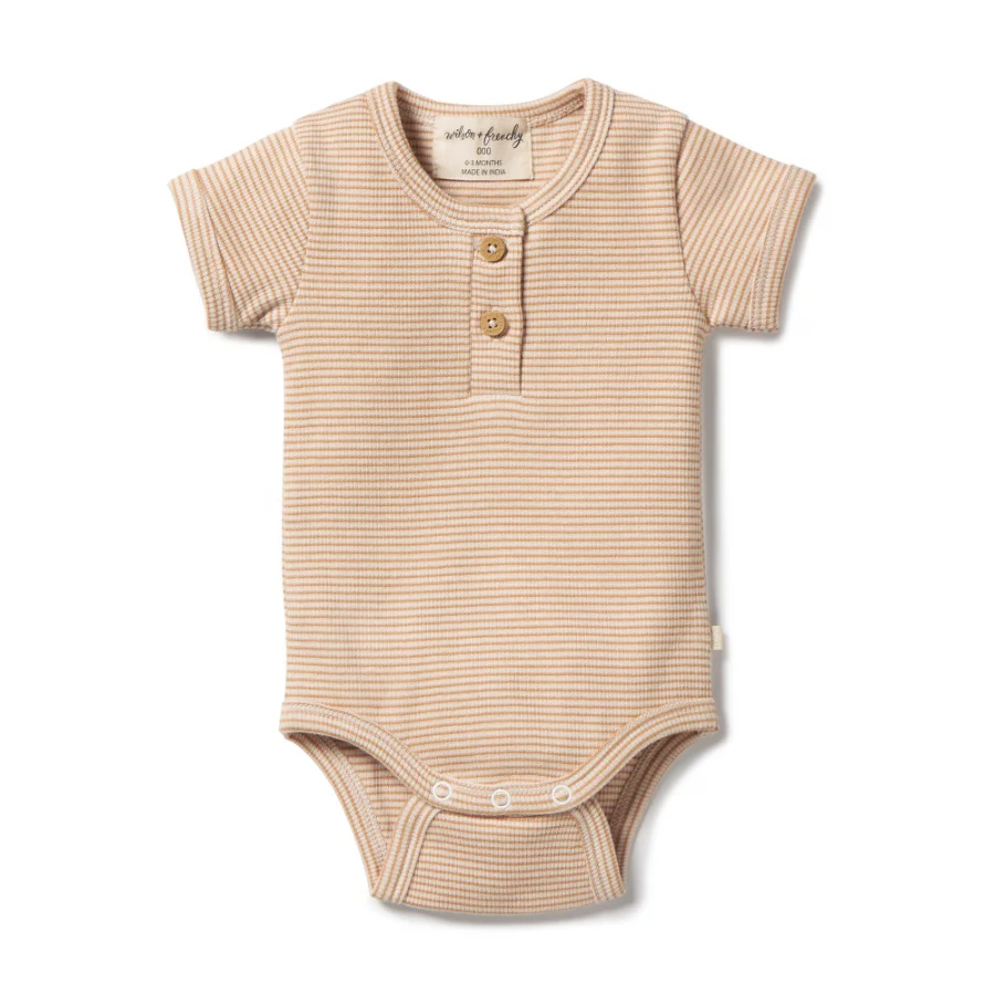 Organic Stripe Rib Henley Bodysuit - Toffee