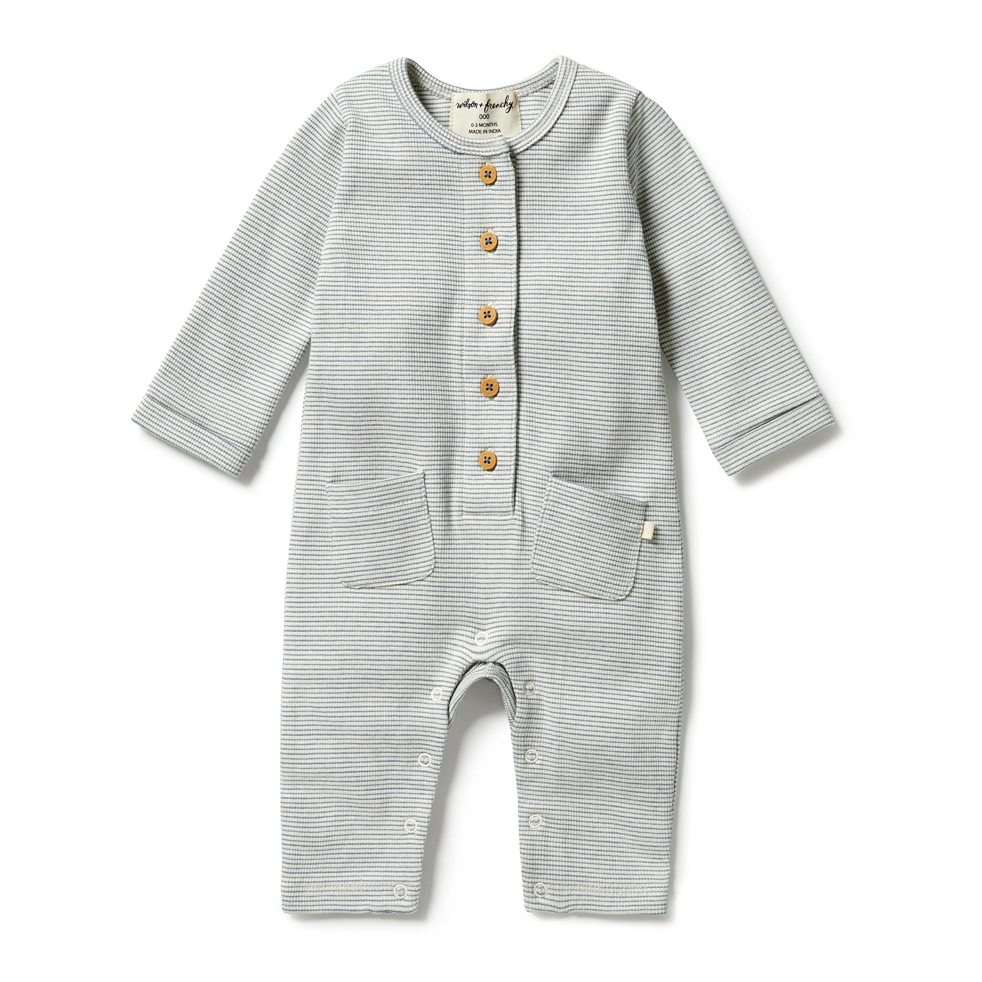 Organic Stripe Rib Slouch Growsuit - Bluestone