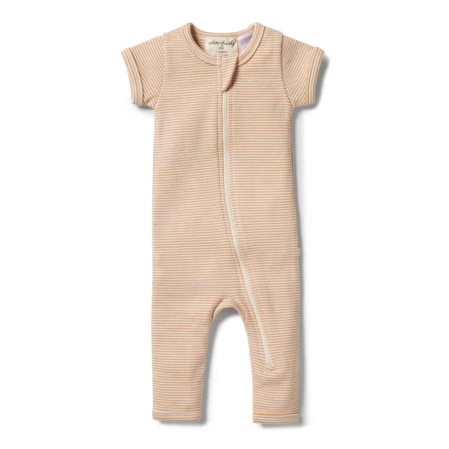 Organic Stripe Rib Zipsuit - Toffee