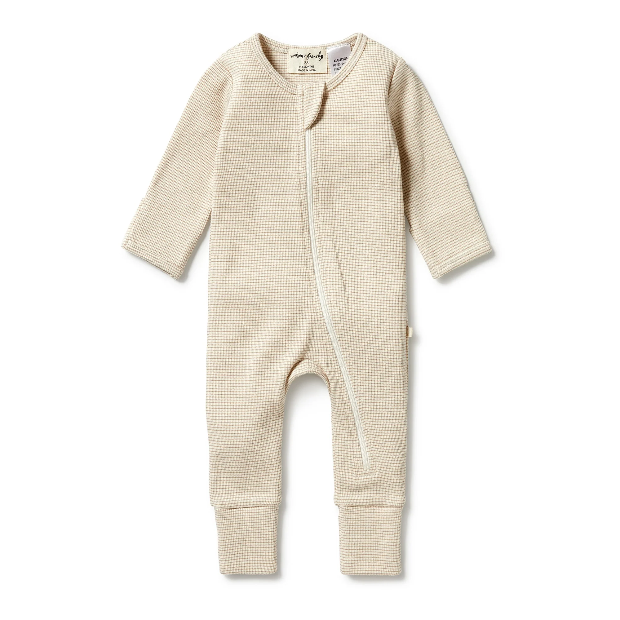 Organic Stripe Rib Zipsuit with Feet - Nougat