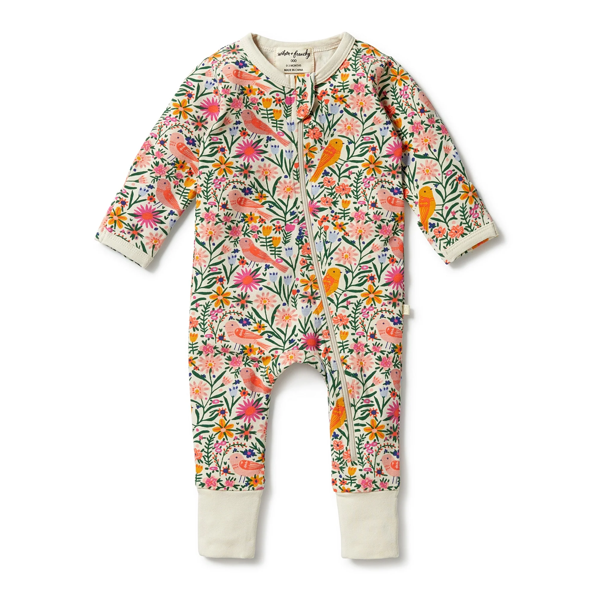 Organic Zipsuit with Feet - Birdy Floral